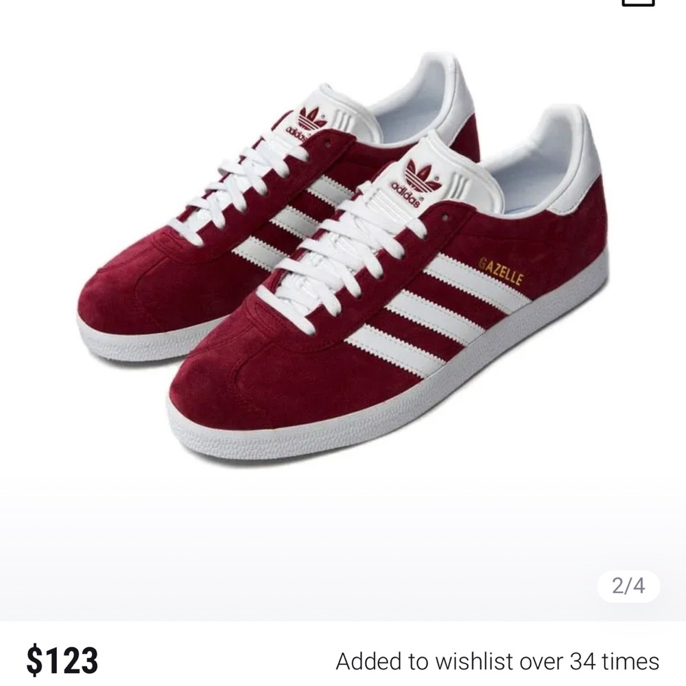 Adidas Gazelle, collegiate burgundy. US size 10. Worn once for a photo shoot